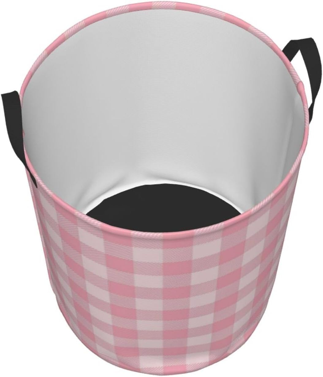Pink Checkered Large Laundry Basket,Collapsible Laundry Hamper With Handle Checkered Room Decor,Round Waterproof Dirty Clothes Hamper Toy Organizer Storage Basket Gift for Home Bedroom Bathroom Decor