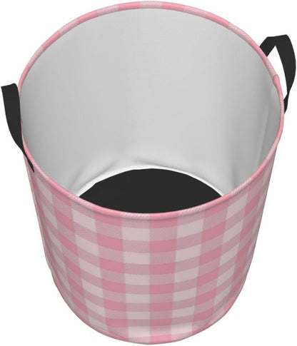 Pink Checkered Large Laundry Basket,Collapsible Laundry Hamper With Handle Checkered Room Decor,Round Waterproof Dirty Clothes Hamper Toy Organizer Storage Basket Gift for Home Bedroom Bathroom Decor