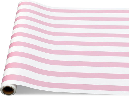 AmazingSpark Pink Striped Paper Table Runner Roll - 25' Long x 16 Wide Disposable Paper Striped Table Runner for Birthday Wedding Carnival Christmas Party Kitchen Dining Tabletop Decoration