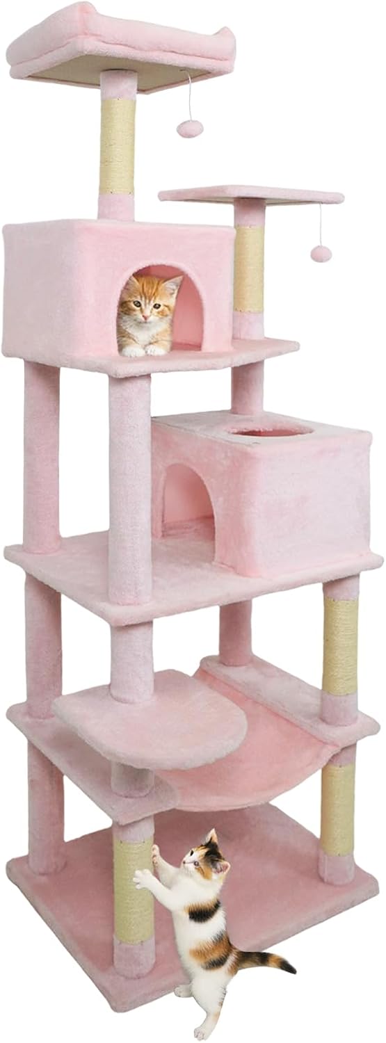 Tangkula Pink Cat Tree for Indoor Cats, 75 Inch Extra Tall Cat Tower with Sisal Scratching Post, Padded Top Perch, Dual Condos, Hammock, 2 Dangling Balls, Platforms, Multi-level Cat Climbing Furniture