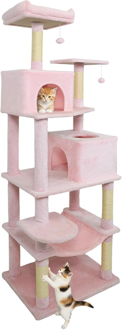 Tangkula Pink Cat Tree for Indoor Cats, 75 Inch Extra Tall Cat Tower with Sisal Scratching Post, Padded Top Perch, Dual Condos, Hammock, 2 Dangling Balls, Platforms, Multi-level Cat Climbing Furniture