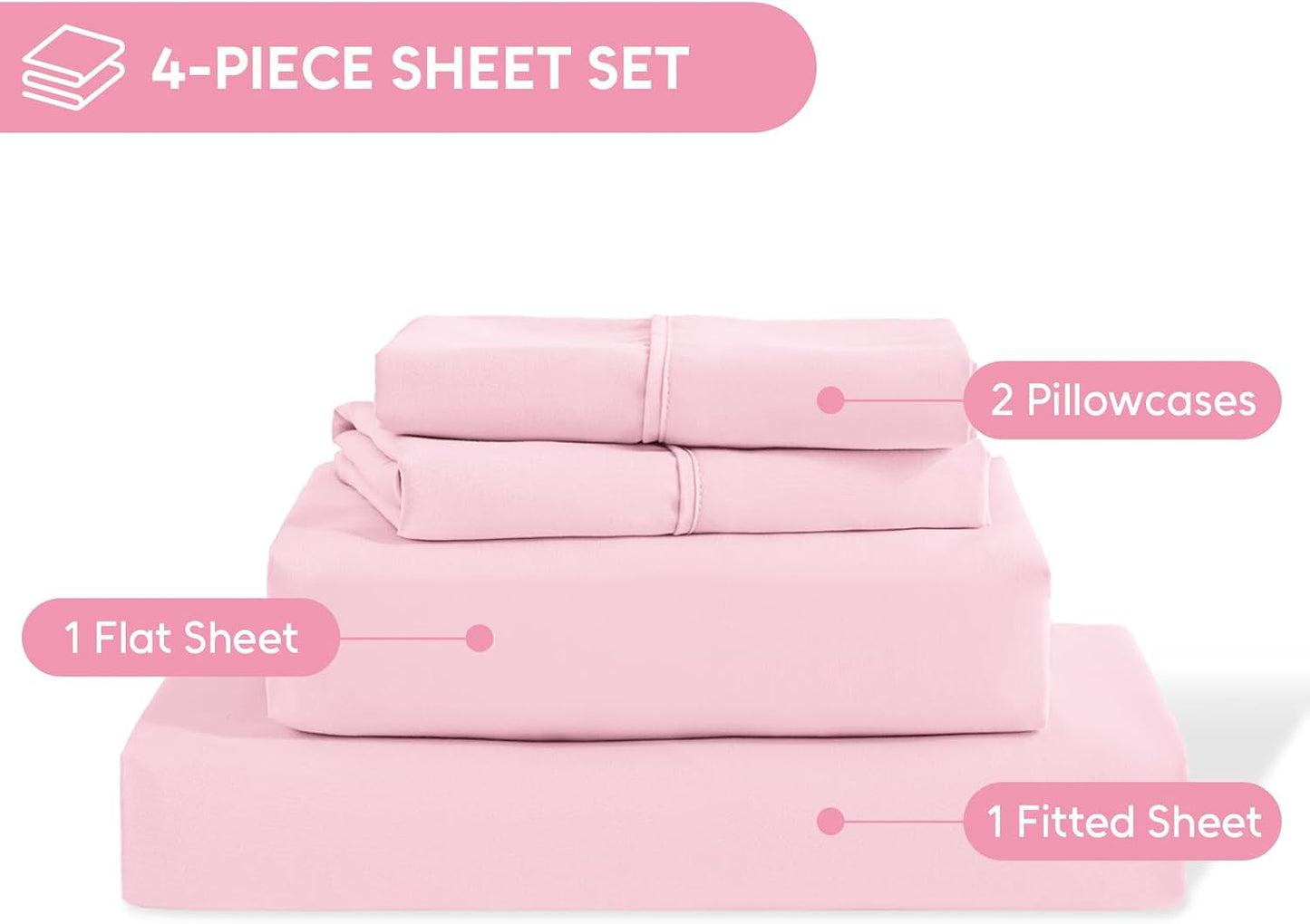 Full Size Bed Sheets Set, 4 Pieces Hotel Luxury Soft Microfiber Bed Sheets Set, Up to 16" Deep Pockets, Oeko-Tex Sheets with Elastic, Breathable, Wrinkle Free (Light Pink, Full)