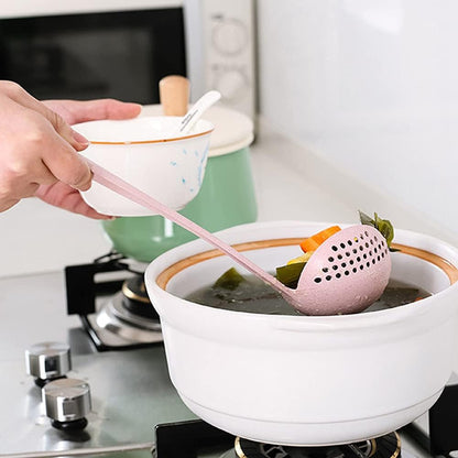 AKOAK 1 Pack 2 in 1 Kitchen Soup Ladle, Plastic Skillet Colander with Strainer, for Home, Hotel, Restaurant, Coffee Shop and More (Pink)