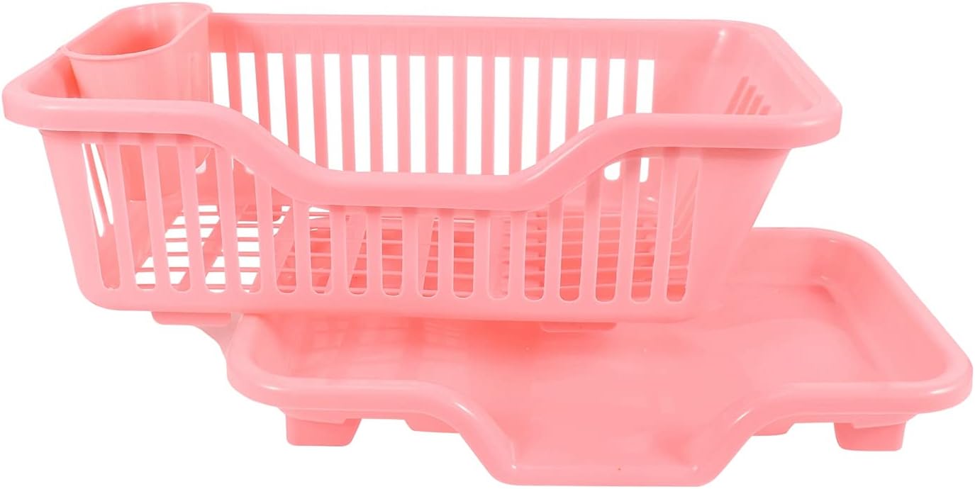 Environmental Plastic Kitchen Sink Dish Drainer Set Rack Washing Holder Basket Organizer Tray, 17.5 x 9.5 x 7INCH (Pink)