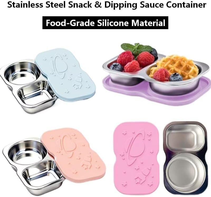 Leakproof 2-Compartment Stainless Steel Snack Box with Food-Grade Silicone Lid, Divided for Sauces & Meal Prep