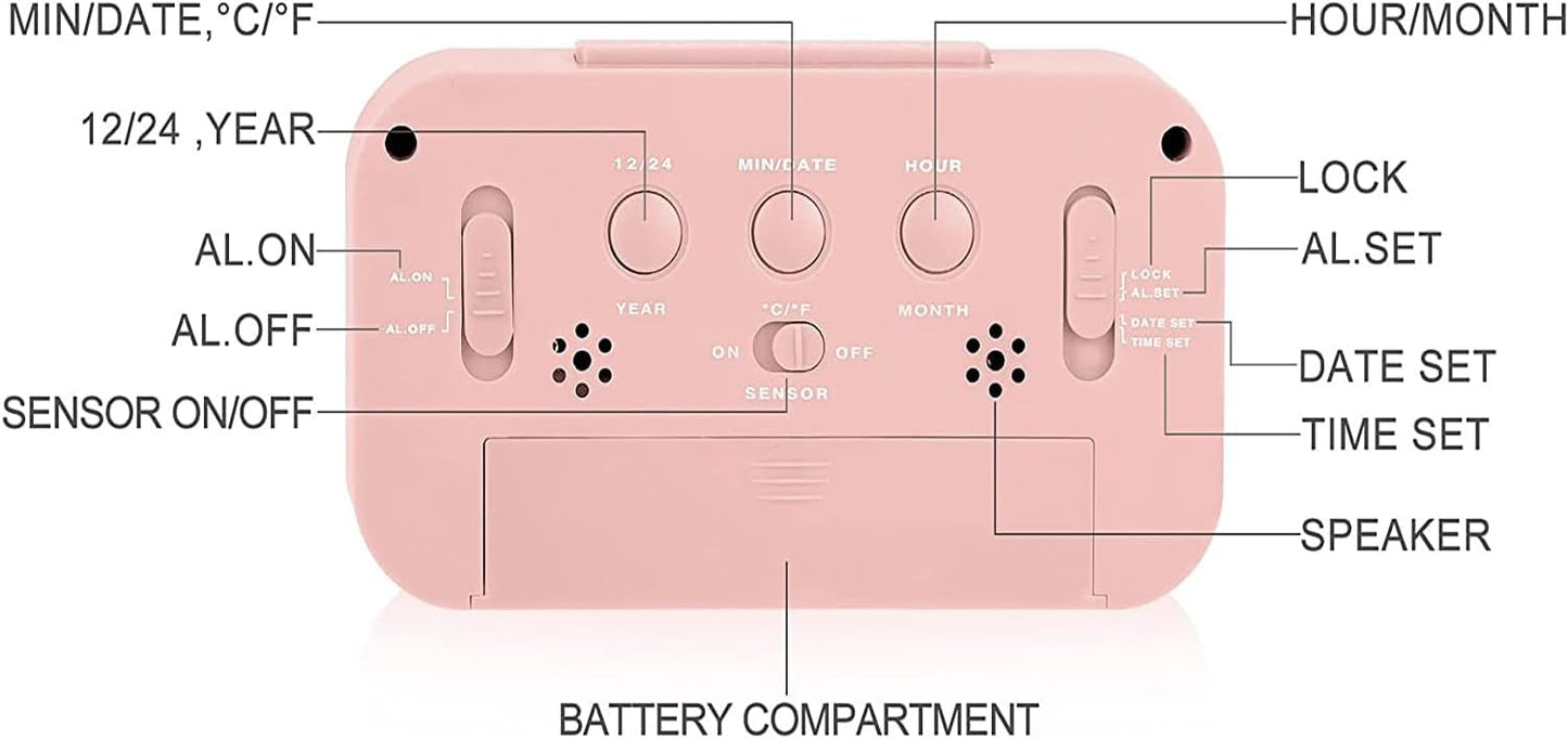 Digital Alarm Clock with LCD Display, Desk Smart Electronic Small Clock with Indoor Temperature, Date, Light Sensor, Backlight, Battery Operated, for Home Bedroom Kids Office (Pink)