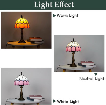 Skyblaze Tiffany Style Table Lamp, Stained Glass Desk Lamp, Vintage Night Light, 8 Inch Reading Light with Handmade Lampshade for Small Bedside Table Bedroom Living Room (Pink)