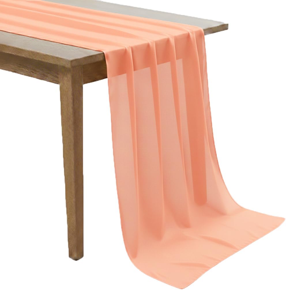 MDS Pack of 2 | Peach | 14ft Chiffon Table Runner 29x170 Inches Long Romantic Rustic Sheer Gauze Runner for Wedding Bridal Shower Birthday Banquets Engagement Spring Easter Boho Decorations