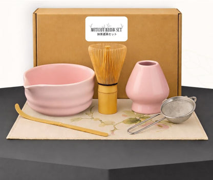 Matcha Bowl Set – Japanese Matcha Tea Ceremony Kit with Whisk, Scoop & Sifter – Authentic Matcha Bowl (Green, Pink, White, Black) – Premium Gift Set by Sakura Home (Pink)