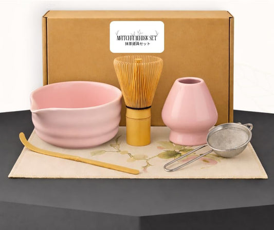 Matcha Bowl Set – Japanese Matcha Tea Ceremony Kit with Whisk, Scoop & Sifter – Authentic Matcha Bowl (Green, Pink, White, Black) – Premium Gift Set by Sakura Home (Pink)