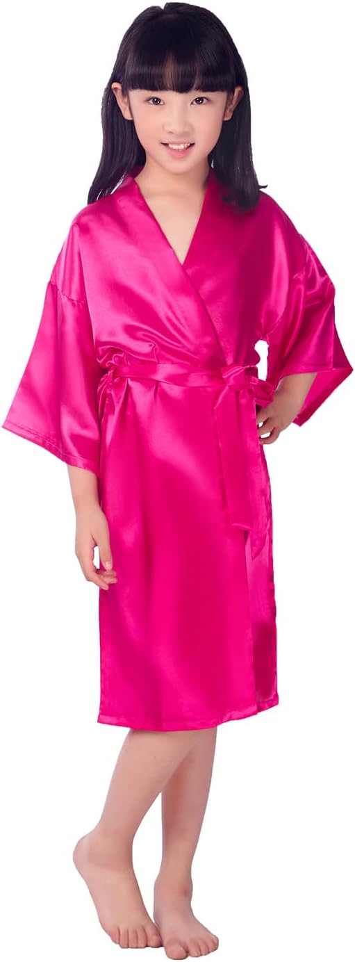 Girls Kid's Silky Satin Kimono Robes for Wedding Spa Birthday Party Gifts Solid Color Bathrobe