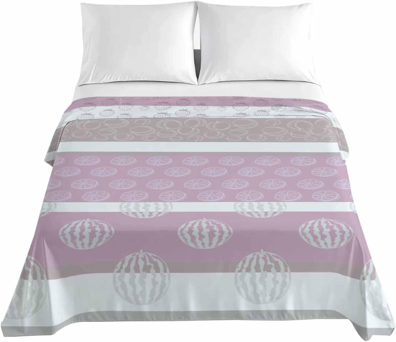 Farm Fruits King Sheets - Hotel Quality King Flat Sheet Only 1 Pack, Watermelon Lemons Peach Pink Grey Striped Soft Bed Sheet Brushed Microfiber Bedding Top Sheets for Home Dorm