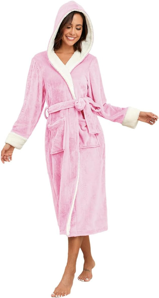 RONGTAI Women's Fleece Hooded Bathrobe Soft Plush Long Spa Robe Lightweight Fluffy Cozy Shower Bathrobe