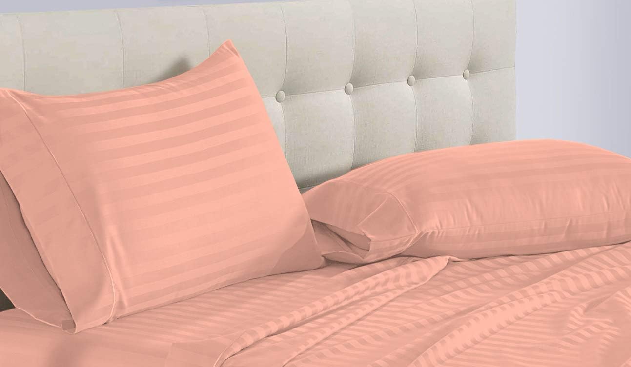 800 Thread Count Four 4 Piece Twin Size Peach Stripe Bed Sheet Set, 100% Egyptian Cotton, 18 Inch Deep Pocket