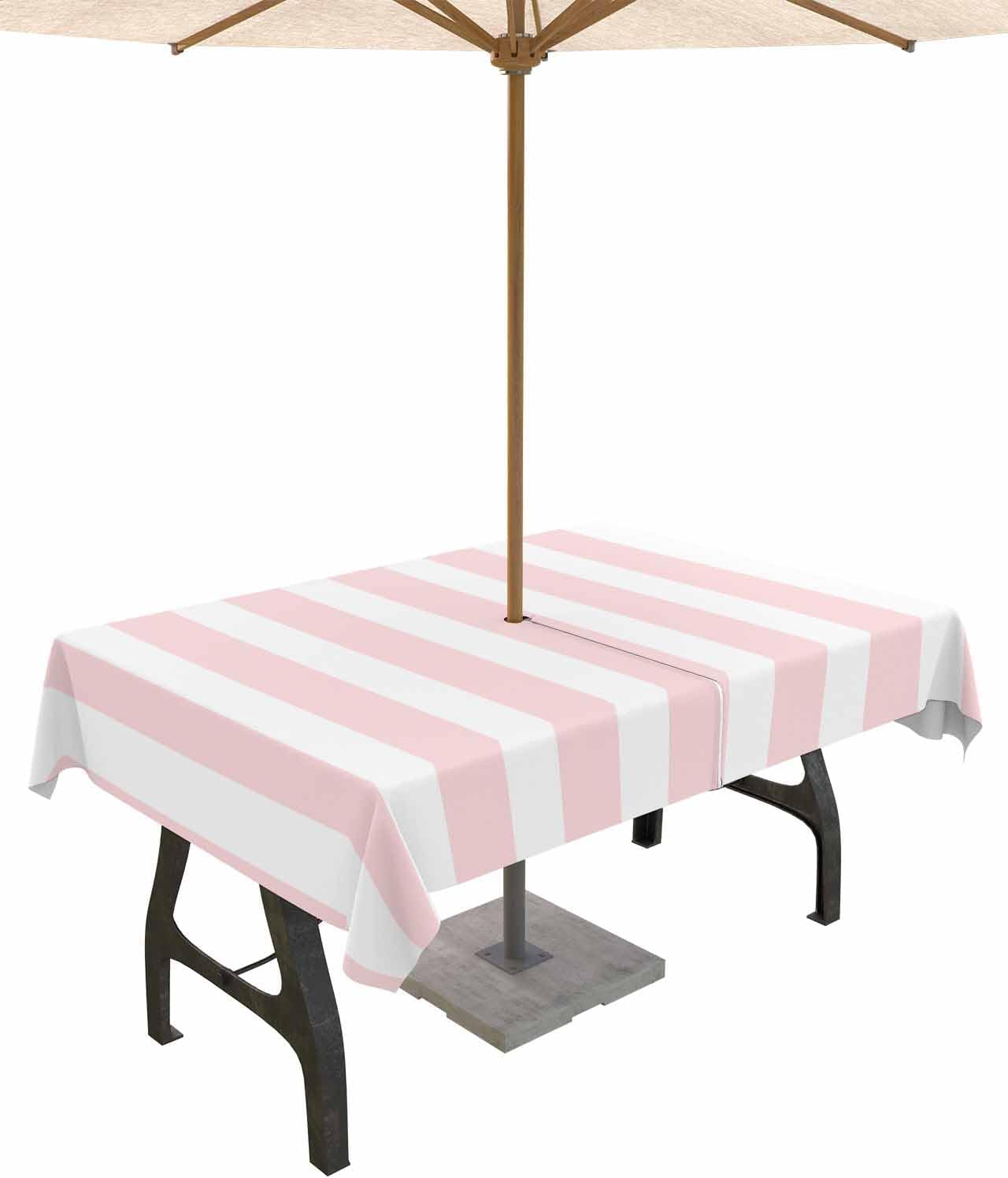 Pink Striped Outdoor Tablecloth with Umbrella Hole & Zipper, Farmhouse Rectangle Tablecloth 60x84 Inch, Modern Pink White Stripes Patio Table Cover Waterproof Table Cloth for Picnic/Party
