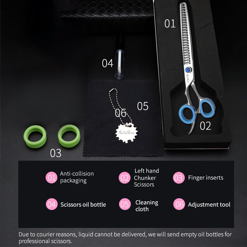 7.5in Left Handed Professional Dog Grooming Scissors Chunker, VG10 Steel Pet Shears Sharp Shark-Tooth Blade, 24 Teeth Dog Cutting Scissors for Groomer at Home Use, Thinning Rate 65%, Pink
