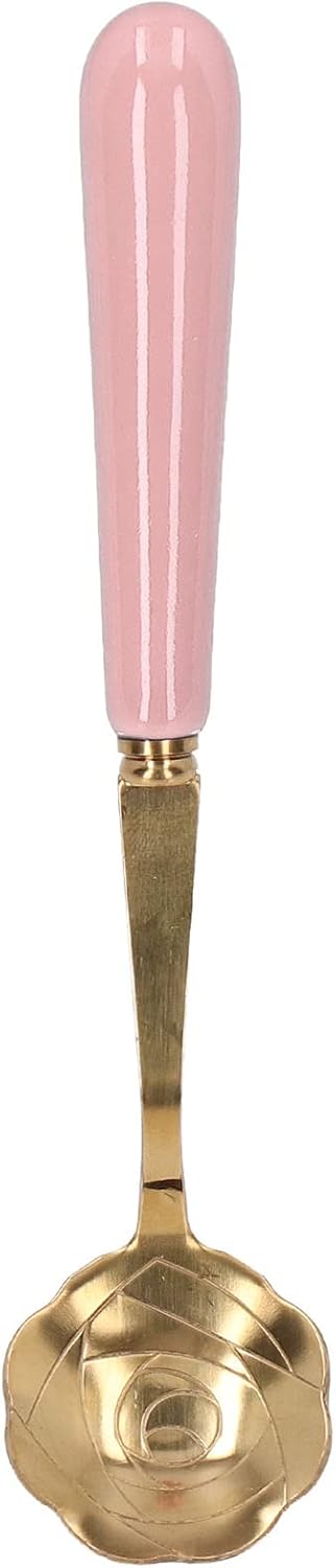 Stainless Steel Teaspoon with Ceramic Handle, Golden Rose Flower Spoon, Cake Spoon, Ice Cream Spoon, Elegant Spoon for Dessert (Pink Handle)