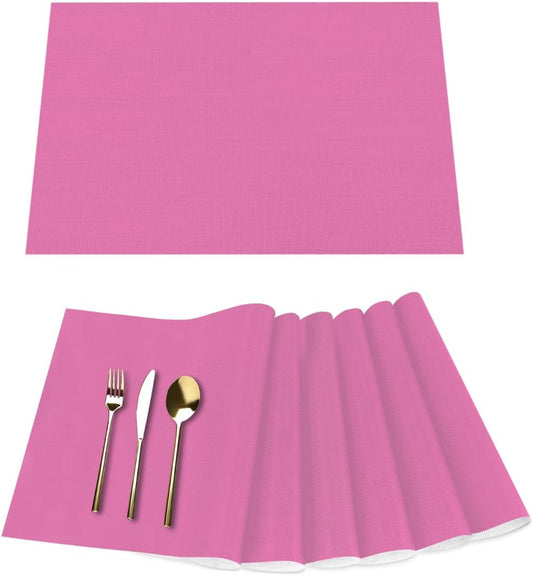 Vinyl Placemats Set of 6 for Dining Tables,Pink Solid Color Kitchen Table Mats Heat Resistant Washable Wipeable PVC Place Mat for Indoor Outdoor Seasonal Party