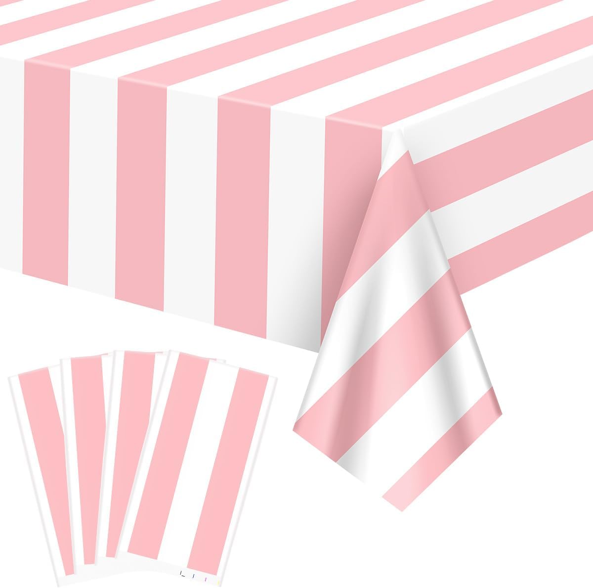 4 Pcs Pink and White Striped Tablecloths Plastic Pink Stripe Tablecloths Waterproof Rectangle Striped Tablecloth for Holiday Picnic Birthday Theme Party Decorations, 52 x 86 in