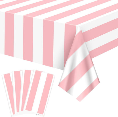 4 Pcs Pink and White Striped Tablecloths Plastic Pink Stripe Tablecloths Waterproof Rectangle Striped Tablecloth for Holiday Picnic Birthday Theme Party Decorations, 52 x 86 in