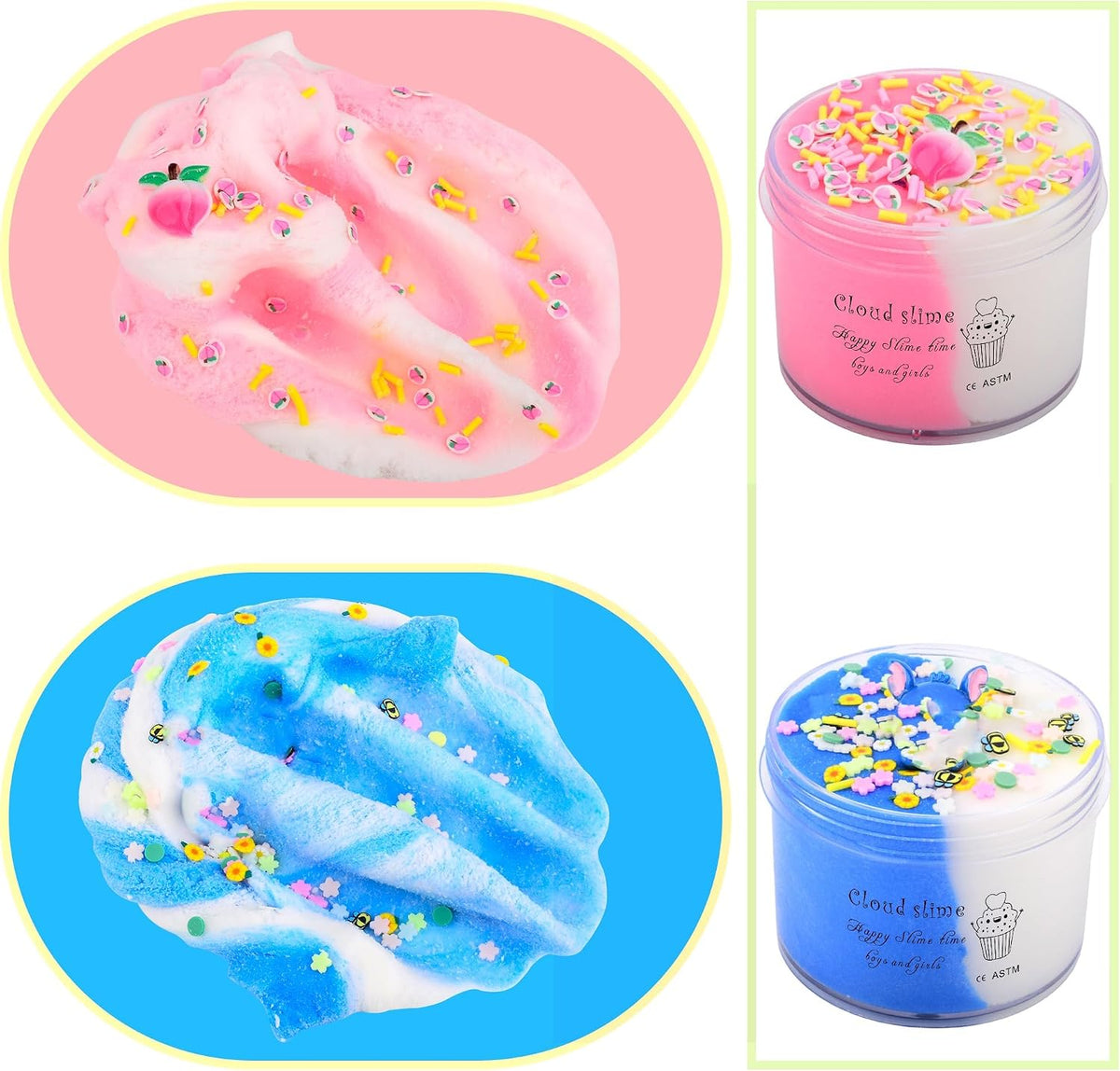 2 Pack Cloud Slime Kit with Blue Cake and Pink Charms, Scented DIY Slime Supplies for Girls and Boys, Stress Relief Toy for Kids Education, Party Favor, Gift and Birthday