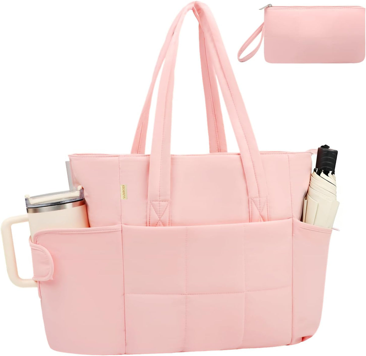 Puffer Tote Bag with Large Cup Holder& 15.6 Inch Laptop Compartment, Lightweight Puffy Work Bag with Water Bottle Pocket, Large Laptop Tote with Clutch Purse for Women Teacher Nurse (Pink)