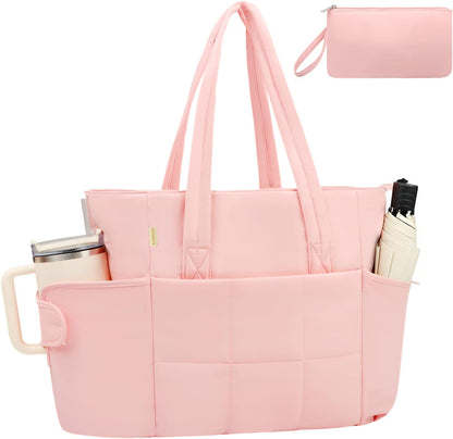 Puffer Tote Bag with Large Cup Holder& 15.6 Inch Laptop Compartment, Lightweight Puffy Work Bag with Water Bottle Pocket, Large Laptop Tote with Clutch Purse for Women Teacher Nurse (Pink)