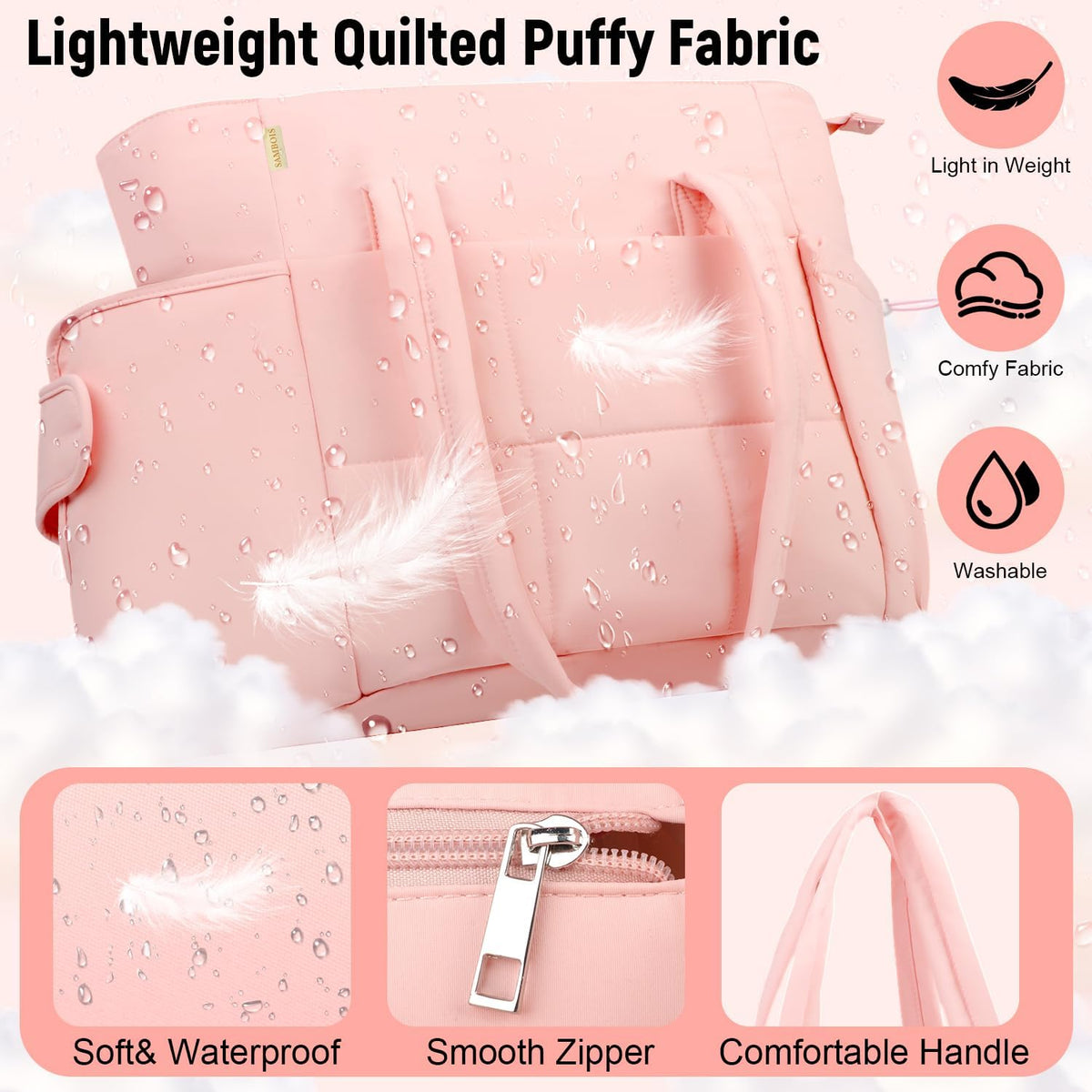 Puffer Tote Bag with Large Cup Holder& 15.6 Inch Laptop Compartment, Lightweight Puffy Work Bag with Water Bottle Pocket, Large Laptop Tote with Clutch Purse for Women Teacher Nurse (Pink)