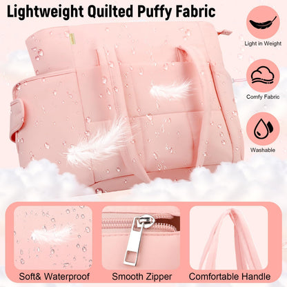 Puffer Tote Bag with Large Cup Holder& 15.6 Inch Laptop Compartment, Lightweight Puffy Work Bag with Water Bottle Pocket, Large Laptop Tote with Clutch Purse for Women Teacher Nurse (Pink)
