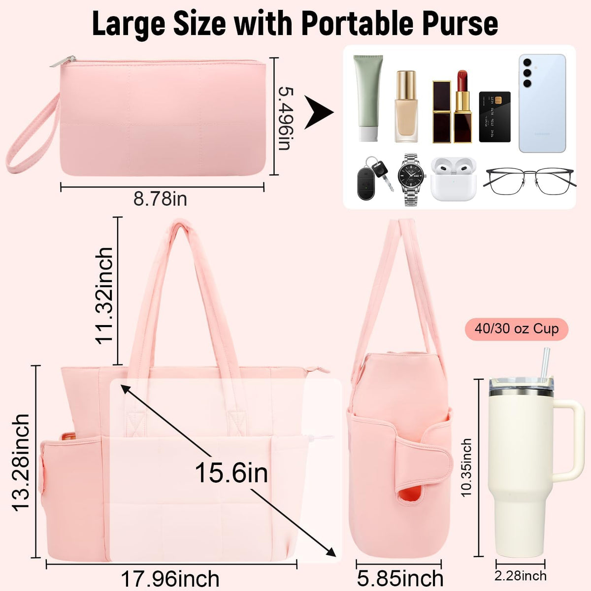 Puffer Tote Bag with Large Cup Holder& 15.6 Inch Laptop Compartment, Lightweight Puffy Work Bag with Water Bottle Pocket, Large Laptop Tote with Clutch Purse for Women Teacher Nurse (Pink)