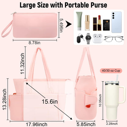 Puffer Tote Bag with Large Cup Holder& 15.6 Inch Laptop Compartment, Lightweight Puffy Work Bag with Water Bottle Pocket, Large Laptop Tote with Clutch Purse for Women Teacher Nurse (Pink)