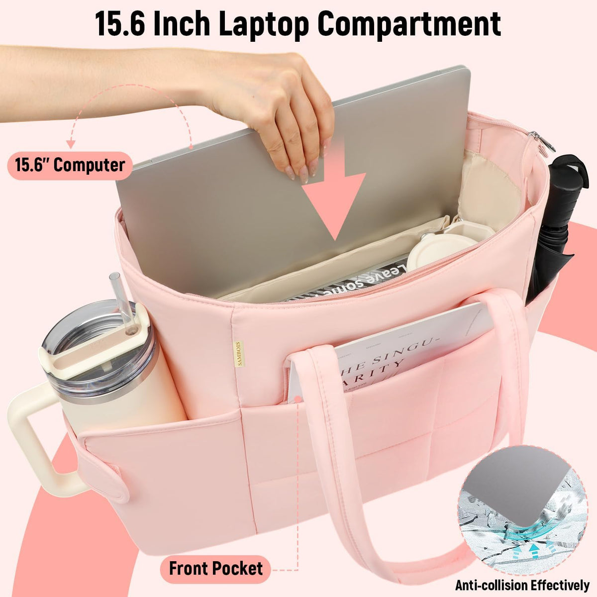 Puffer Tote Bag with Large Cup Holder& 15.6 Inch Laptop Compartment, Lightweight Puffy Work Bag with Water Bottle Pocket, Large Laptop Tote with Clutch Purse for Women Teacher Nurse (Pink)