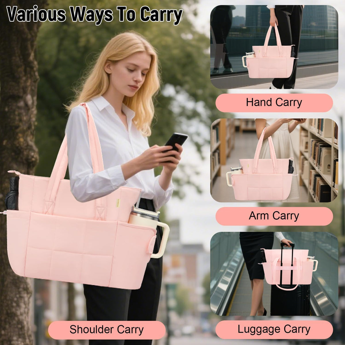 Puffer Tote Bag with Large Cup Holder& 15.6 Inch Laptop Compartment, Lightweight Puffy Work Bag with Water Bottle Pocket, Large Laptop Tote with Clutch Purse for Women Teacher Nurse (Pink)