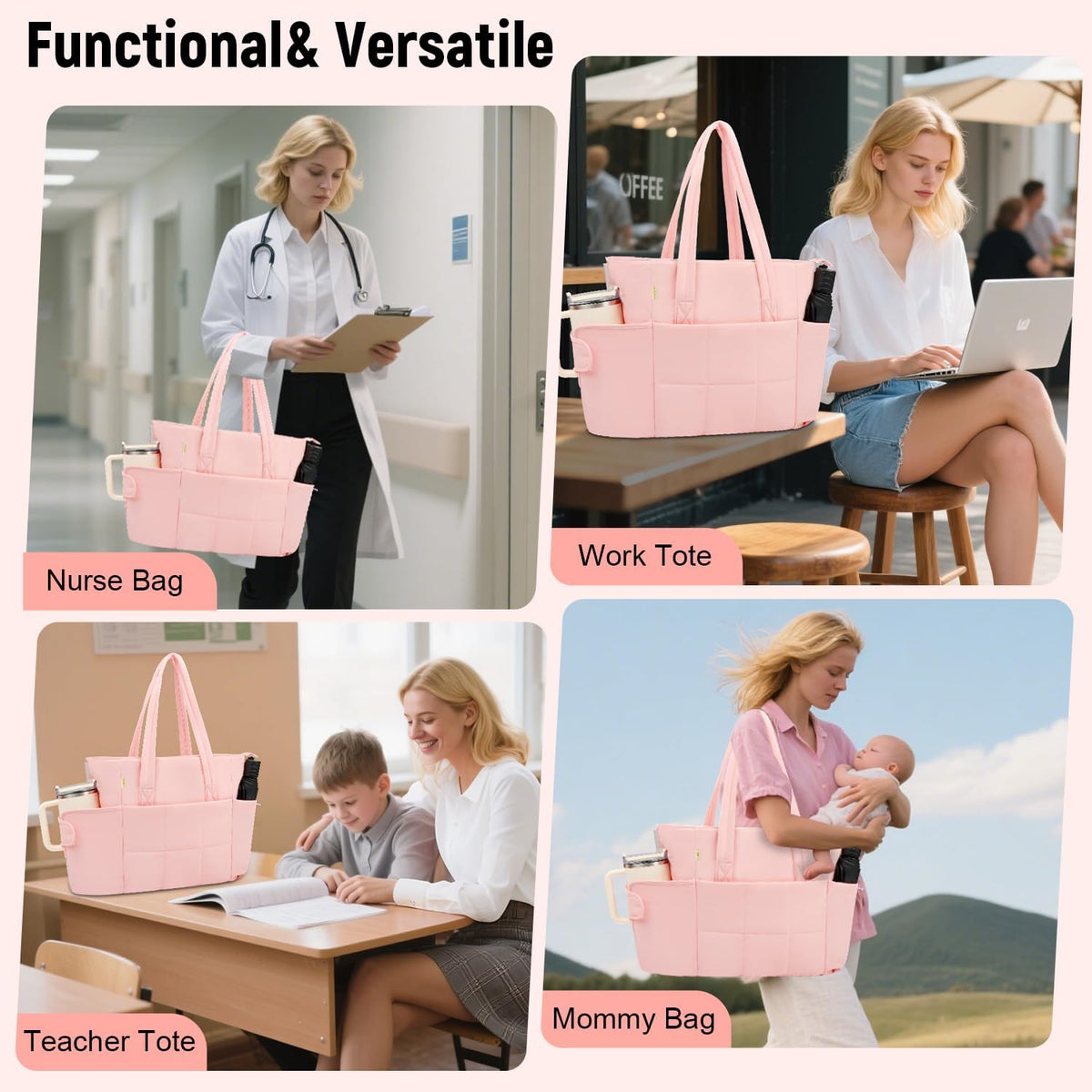 Puffer Tote Bag with Large Cup Holder& 15.6 Inch Laptop Compartment, Lightweight Puffy Work Bag with Water Bottle Pocket, Large Laptop Tote with Clutch Purse for Women Teacher Nurse (Pink)