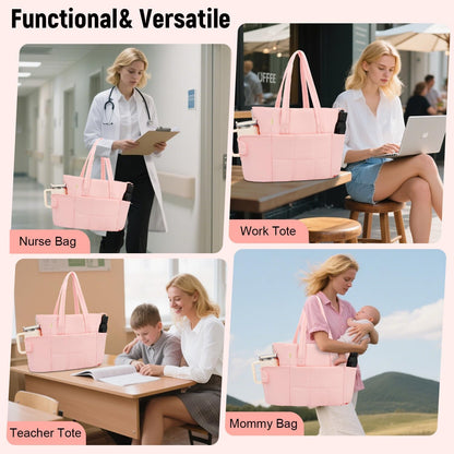 Puffer Tote Bag with Large Cup Holder& 15.6 Inch Laptop Compartment, Lightweight Puffy Work Bag with Water Bottle Pocket, Large Laptop Tote with Clutch Purse for Women Teacher Nurse (Pink)