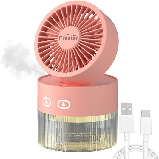 Personal Cooling Fan and Small Air Humidifier 350ml with LED Night Light, Desktop USB Charging 3 in 1 for Office and Small Room, 3 Speed, Auto Shut Off, No Battery (Pink)