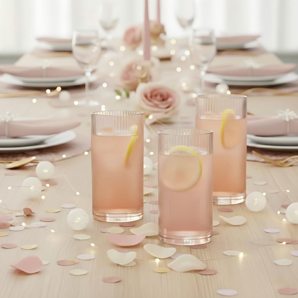 Physkoa Peach Ribbed Drinking Glasses Set of 6 – Vintage Embossed Highball Glassware, Thick Premium Tumbler Cups for Water, Cocktails, Iced Coffee, Modern Kitchen Bar Gift Set