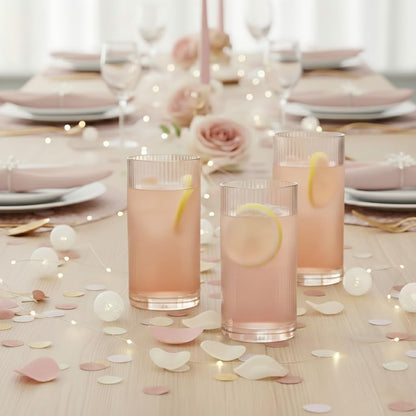 Physkoa Peach Ribbed Drinking Glasses Set of 6 – Vintage Embossed Highball Glassware, Thick Premium Tumbler Cups for Water, Cocktails, Iced Coffee, Modern Kitchen Bar Gift Set