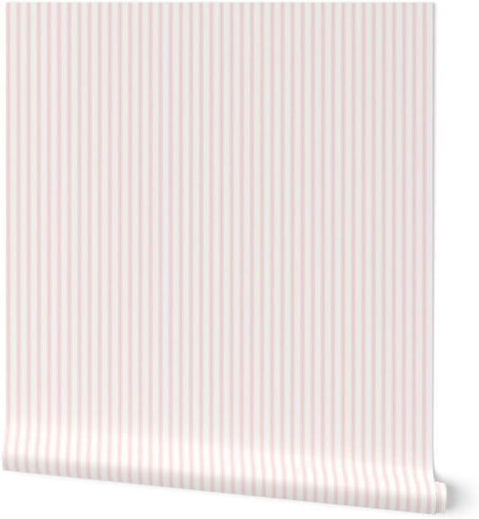 Spoonflower Peel & Stick Wallpaper Swatch - Preppy Traditional Thin Stripe Pink and White Classic Ticking Pillow Bedding Kids Grandmillennial Custom Removable Wallpaper