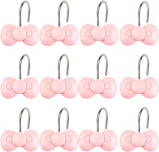 Pink Bow Shower Curtain Hooks Set of 12, Cute Resin Decorative Curtain Hooks for Bathroom, Easy to Install and Durable for Any Shower Curtain or Liner