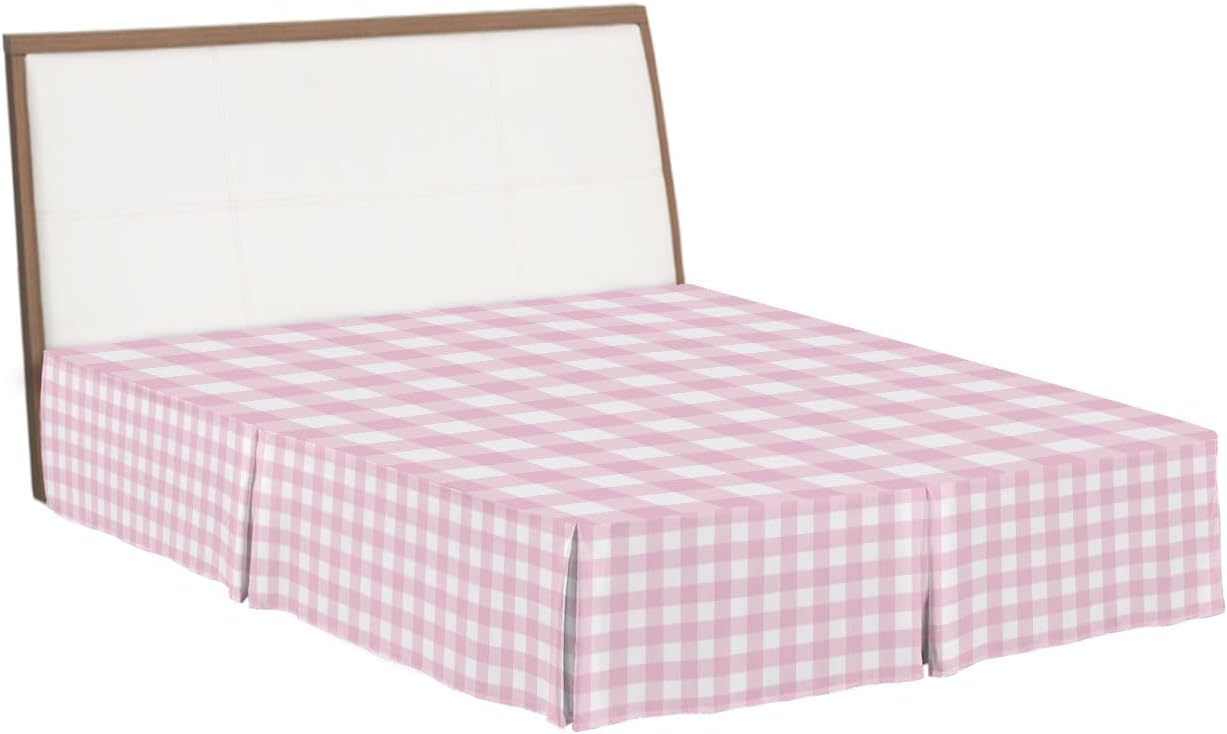 Bed Skirts Queen Size 16 Inch Tailored Drop Peach Pink Buffalo Checked Plaid Wrap Around Bed Skirt with Split Corners Hotel Quality Bedskirt Classic Grid Dust Ruffle for Queen Bed Skirt Bedroom Decor