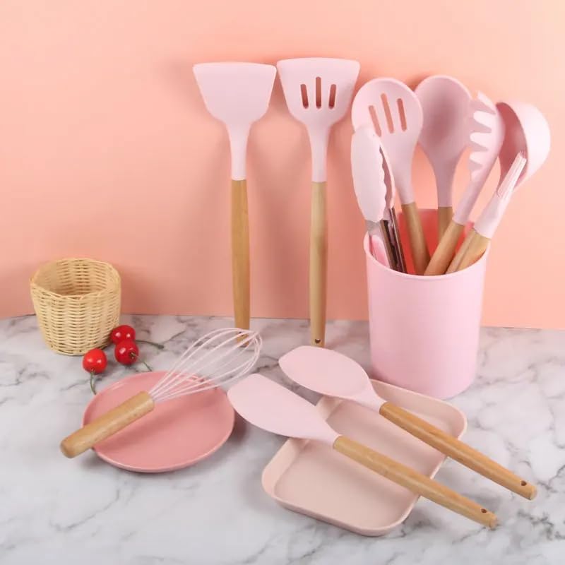 12-Piece Silicone Kitchen Utensil Set: Heat resistant up to 446°F. Includes Turner, Tongs, Spatula, Spoon, Brush, Whisk, Wooden Handles, Holder for Nonstick Cookware. (Pink), Medium