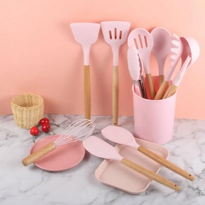 12-Piece Silicone Kitchen Utensil Set: Heat resistant up to 446°F. Includes Turner, Tongs, Spatula, Spoon, Brush, Whisk, Wooden Handles, Holder for Nonstick Cookware. (Pink), Medium