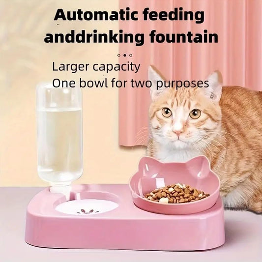 Cat Bowl, Cat Food and Water Bowl Set, 15 ° Tilted Cat Food Bowl, Cat Bowl with Automatic Water Dispenser Bottle, Detachable Wet and Dry Cat Dishs for Indoor Cats Small Dogs Puppy-Pink