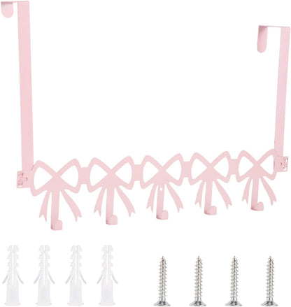 Pink Bow Over The Door Hooks, 5 Hooks Cute Wall Mount Towel Rack Organizer Farmhouse Rustic Coquette Bow Knot Towel Hat Clothes Storage Hanger for Bedroom Bathroom Decor