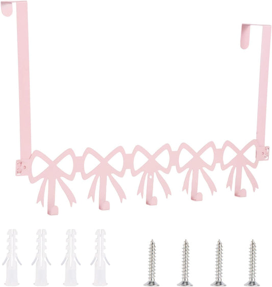 Pink Bow Over The Door Hooks, 5 Hooks Cute Wall Mount Towel Rack Organizer Farmhouse Rustic Coquette Bow Knot Towel Hat Clothes Storage Hanger for Bedroom Bathroom Decor