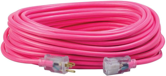 Southwire Outdoor Extension Cord - Heavy Duty All-Copper Wire for Outdoor Power - Weatherproof Vinyl Jacket - High-Visibility Safety Color - 12/3 SJTW - 100 Feet - Cool Pink with Power Light Indicator
