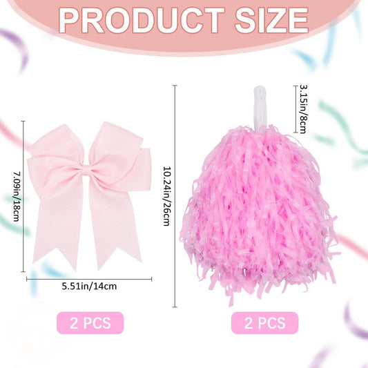CREATCABIN 4Pcs Cheerleading Pom Poms Large Cheerleader Hair Bow Pink Plastic Cheer Pompoms Cheerleading Accessories with Handle for Team Spirit Sports Dance Cheering Party Basketball Football Rooters