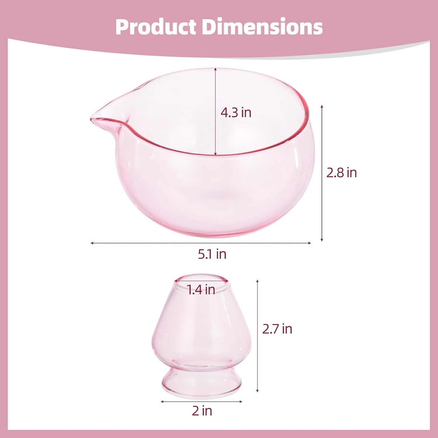 Matcha Bowl and Whisk Holder Set, Clear Pink Glass Matcha Bowl with Drip-Free Spout and Glass Whisk Stand, Elegant Matcha Tea Ceremony Set for Daily Matcha Preparation Serving