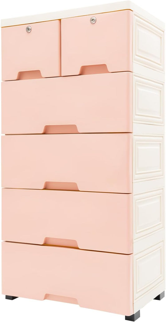5 Layer Plastic Dressers with Drawers for Toys, 6 Drawers Plastic Drawer Storage Organizer, Storage Cabinet with Wheels and Locks, Movable Organizer Chest Closets 40 * 19 * 14in (Pink)